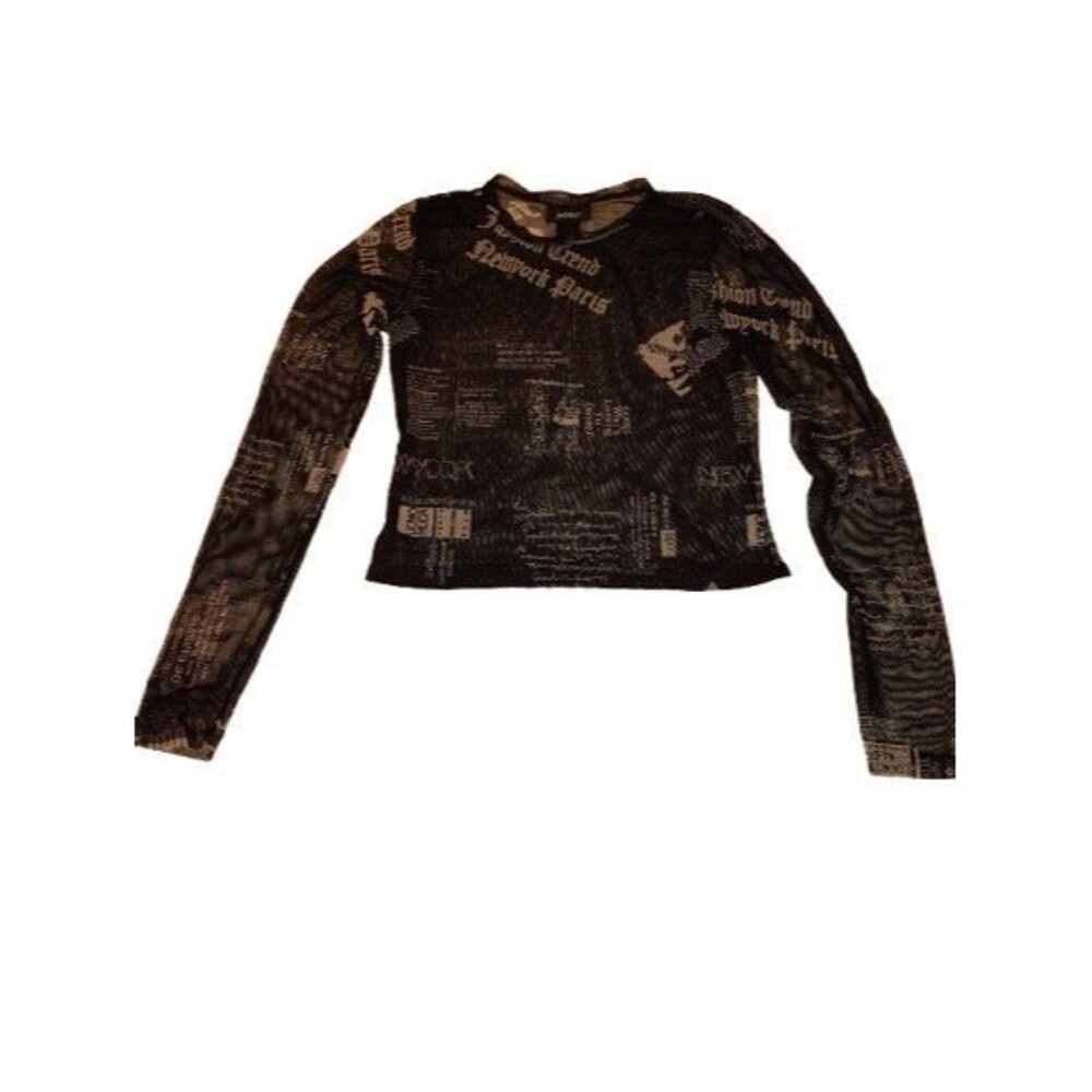 Just Polly Mesh Newspaper Print Long Sleeve Crop Top Black Y2K Grunge L